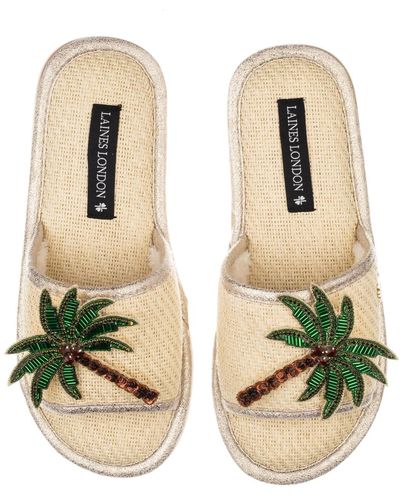 Laines London Neutrals Straw Braided Sandals With Handmade Double Palm Tree Brooches - Green
