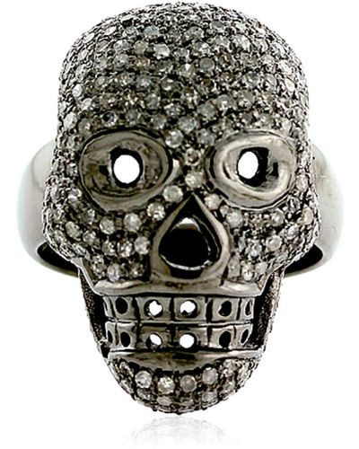 Artisan 925 Sterling Silver Diamond Skull Ring Handmade Jewelry - Black