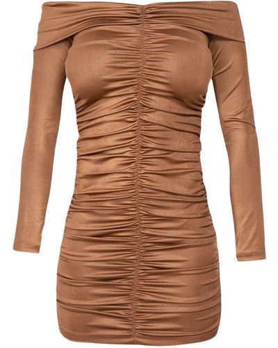 Cliché Reborn Mini Off Shoulder Ruched Dress In - Brown
