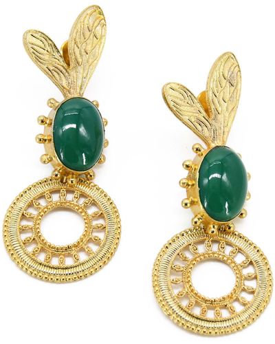 ADIBA Natural Green Onyx Gemstone Leaves Handmade Drop Earring - Metallic