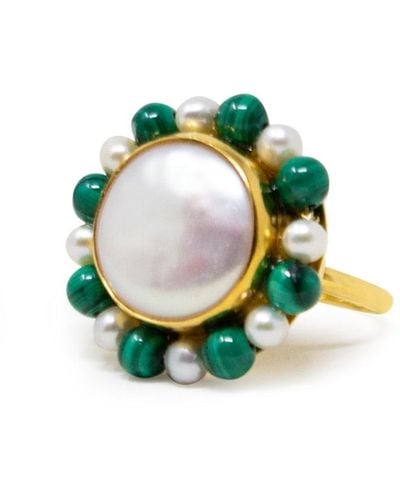 Vintouch Italy Lotus Gold-plated Pearl And Malachite Ring - Green