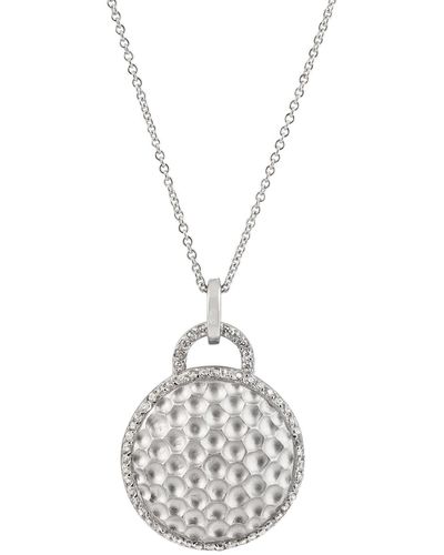 Genevive Jewelry Sterling Silver Rhodium Plated Round Hammered Drop Pendant - White