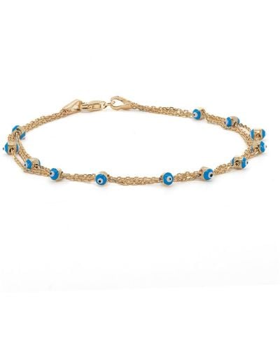 Ebru Jewelry Triple Chain Blue Evil Eye Solid Gold Fine Bracelet - Metallic