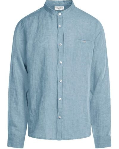 Haris Cotton Slim Fit Mandarin Neck Linen Melange Shirt - Blue