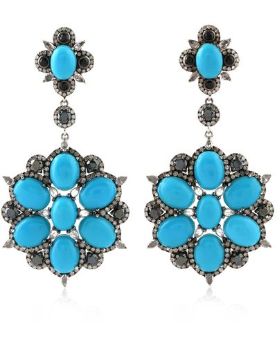 Artisan Oval Cut Turquoise & Spinel With White Sapphire Pave Diamond In 18k Gold 925 Silver Western Dangle Earrings - Blue