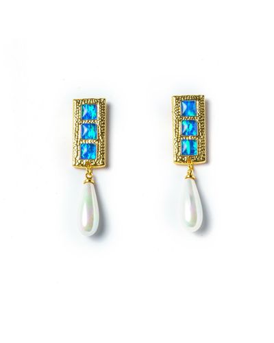 EUNOIA Jewels Sunseeker Gold Opal Statement Earrings With Teardrop Pearls In Blue