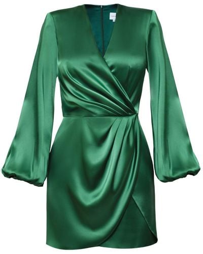 Nomi Fame Paris Satin Long Sleeve Draped Mini Dress - Green