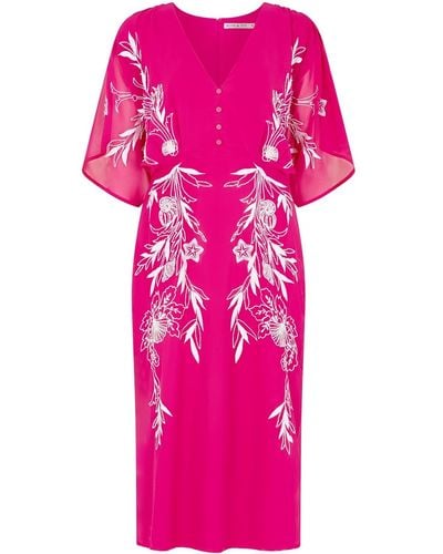 Hope & Ivy The Christine Embroidered Flutter Sleeve Plunge Neck Midi Dress - Pink