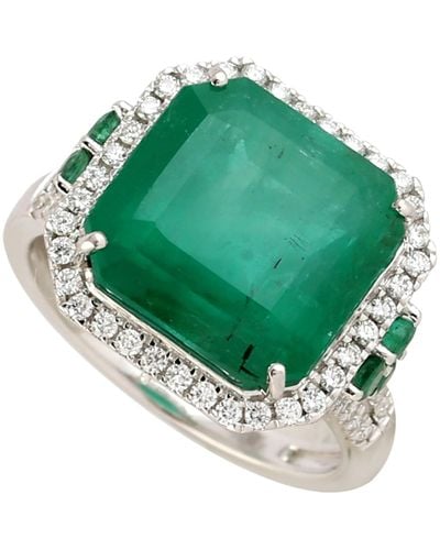 Artisan 18k White Gold In Square Zambian Emerald With Pear Shape Diamonds Designer Ring - Green