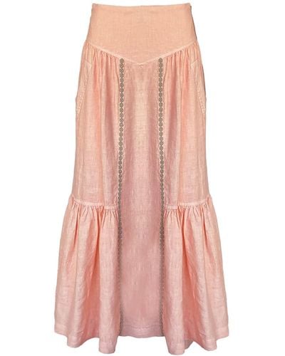 Haris Cotton Maxi Linen Ruffled Skirt With Embroidered Trim - Pink