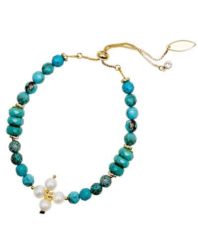 Farra Turquoise With Flower Pearls Adjustable Bracelet - Blue