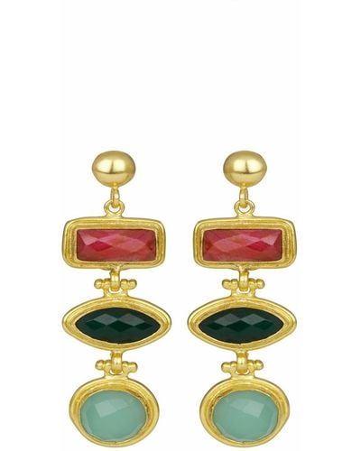Ottoman Hands Innana Gemstone Drop Earrings With Ruby, Emerald And Aqua Chalcedony - Metallic