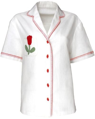 Lalipop Design Unique White Linen Shirt And Red Crop Top Set