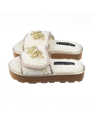 Laines London Terry Towelling Flatform Sliders With Gold Metal Snake Brooches - Metallic
