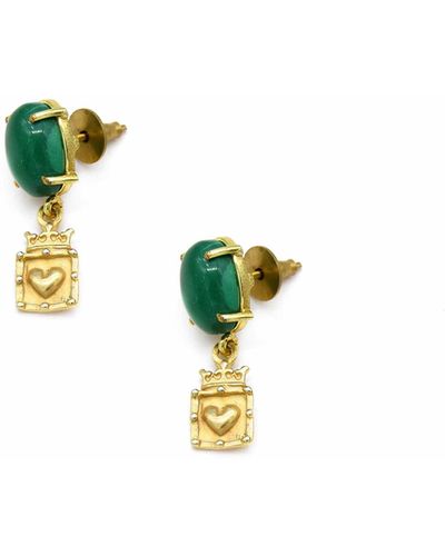 ADIBA Crown Framed Heart Malachite Handmade Drop Earring - Green