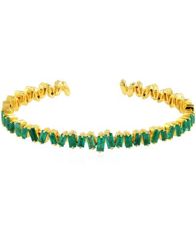Artisan 18k Yellow Gold Baguette Emerald Cuff Bangle Gemstone Jewelry - Metallic