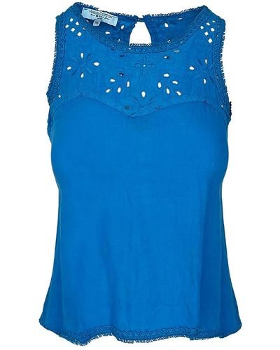 Haris Cotton Sleeveless Linen Embroidered Blouse - Blue