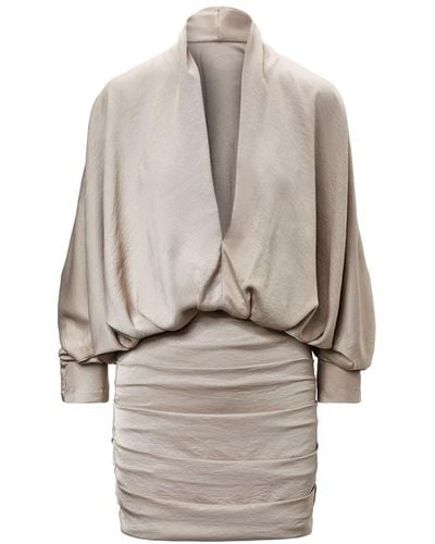BLUZAT Neutrals Mini Dress With Draping Detailing And Wide Sleeves - Natural