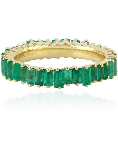 Artisan Yellow Gold Baguette Emerald B& Ring Women Handmade Jewelry - Green
