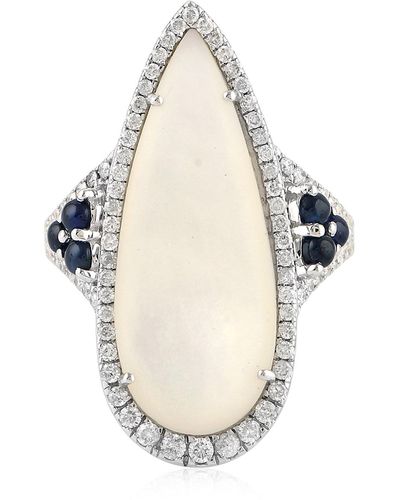 Artisan 18k White Gold With Pave Diamond & Blue Sapphire And Mother Of Pearl Cocktail Ring Jewellery - Metallic