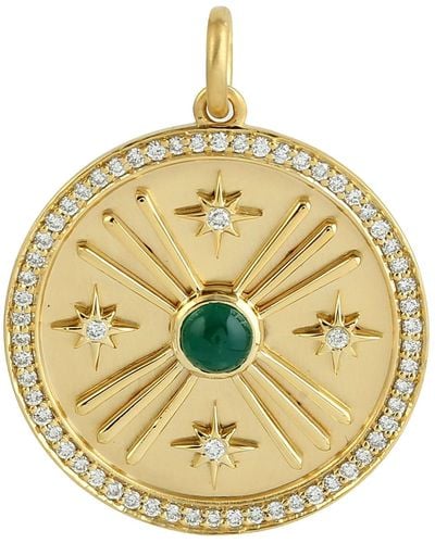 Artisan Bezel Set Emerald & Pave Diamond In 14k Gold Sunburst With Star Charm Pendant - Metallic