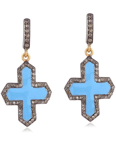 Artisan 18k Yellow Gold 925 Sterling Silver Pave Diamond Cross Dangle Earrings Jewellery - Blue