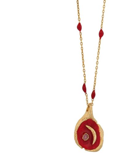 Ebru Jewelry Red Moon Pendant Gold & Enamel Chain Necklace
