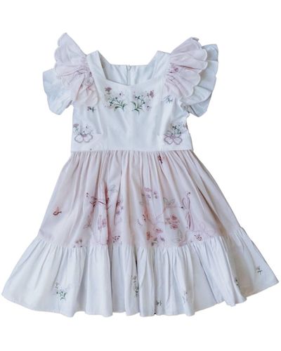 Sugar Cream Vintage Upcycle Girl's Dress With Wildflower Embroidery - Blue