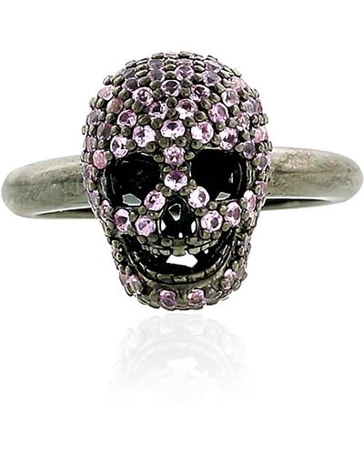 Artisan 925 Sterling Silver Pink Sapphire Skull Ring Handmade Jewellery - Black
