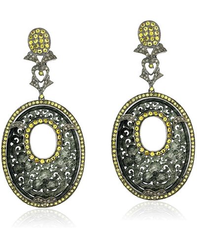 Artisan Carved Jade & Yellow Sapphire Pave Diamond Designer Earrings In 18k Gold With Silver - Green