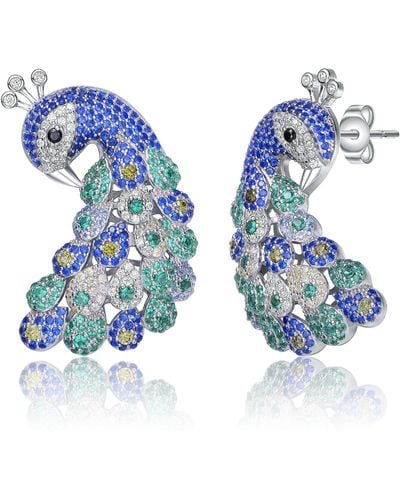 Genevive Jewelry Sterling Silver White Gold Plated Sapphire & Emerald Cubic Zirconia Peacock Butterfly Earrings - Blue
