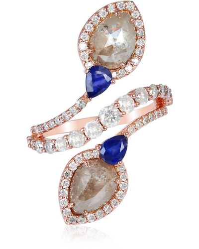 Artisan Ice Diamond Blue Sapphire 18k Solid Rose Gold Spiral Ring - White