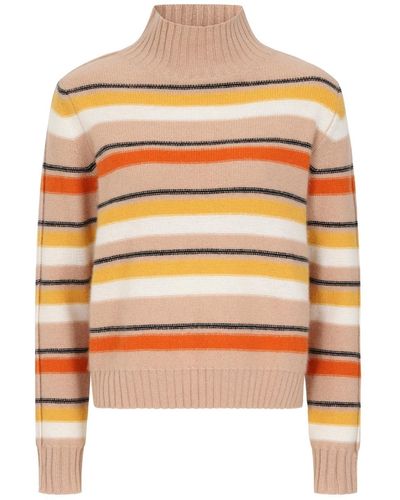 Loop Cashmere Cropped Polo Neck Sweater In Neutral Stripe - Orange