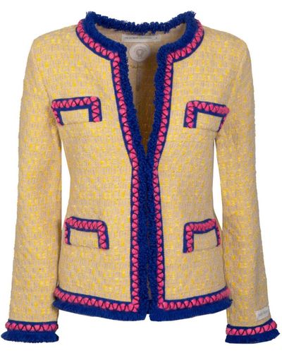 The Extreme Collection Merino Wool And Alpaca Yellow Tweed Jacket With Pink And Blue Detail Mafalda