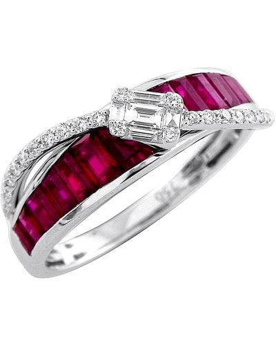 Artisan 18k Solid White Gold In Natural Baguette Ruby Channel Set & Diamond Crossover Band Ring - Red