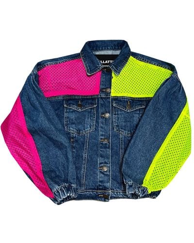 Quillattire Navy Denim Jacket With Neon Pink & Yellow Nike Mesh - Multicolour