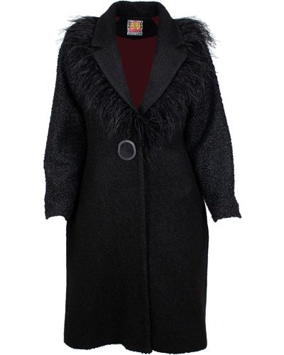 Lalipop Design Black Felt Coat With Notched Lapel Collar With Faux Feathers