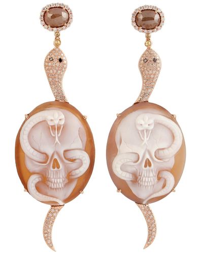 Artisan 18k Rose Gold Diamond Skull Design Shell Cameos Gemstone Earrings - Brown