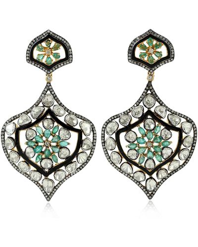 Artisan Gold Silver Uncut Diamond Dangle Earrings Emerald - Green