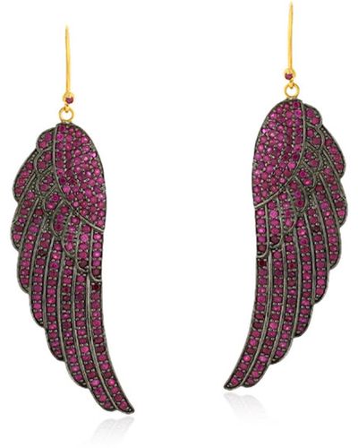 Artisan Ruby Pave Gemstone In 14k Yellow Gold & Silver Wing Design Dangle Earrings - Red