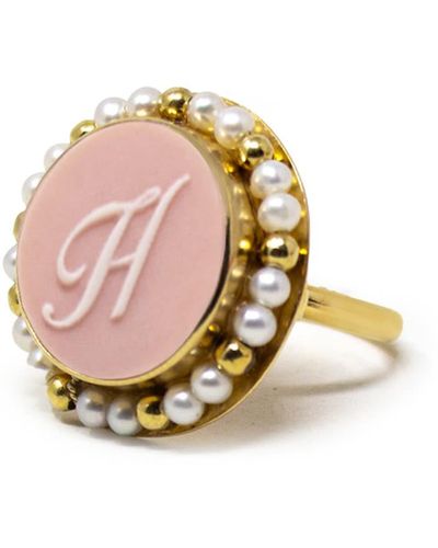 Vintouch Italy Gold Vermeil Pink Cameo Pearl Ring Initial H