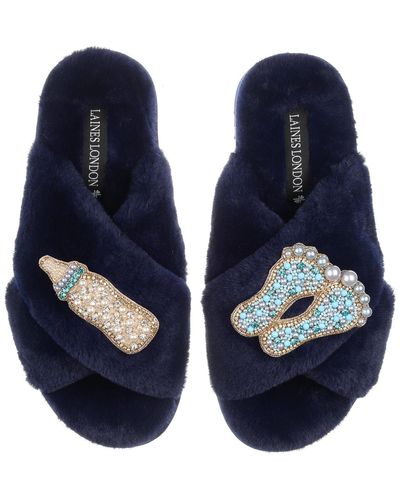 Laines London Classic Laines Slippers With New Baby Boy Brooches - Blue