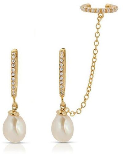 Leeada Jewelry Effie Pearl Drop huggies With Pearl Ear Cuff - Metallic