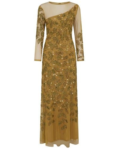 Raishma Sally A Long Sleeve Floor-length Gown With An Asymmetrical Sheer Neckline, Tonal Beading & Full Length Sleeves Gown - Metallic