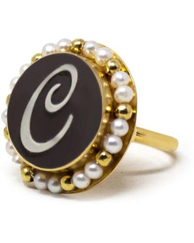 Vintouch Italy Gold Vermeil Black Cameo Pearl Ring Initial C - Metallic