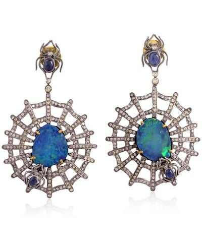 Artisan Opal Sapphire 18k Gold 925 Sterling Silver Diamond Spider Web Dangle Earrings Jewellery - Blue