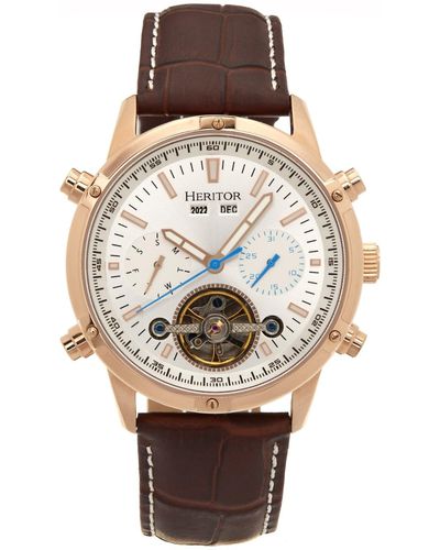 Heritor Wilhelm Semi-skeleton Leather-band Watch With Day And Date - Metallic