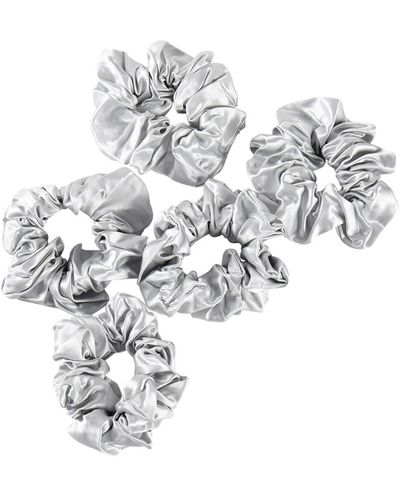 Soft Strokes Silk Pure Mulberry Silk French Scrunchie Set Of Five In Gray - Metallic