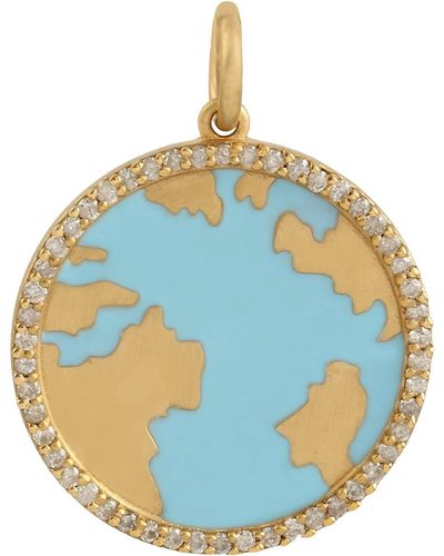Artisan 14k Yellow Gold Pave Diamond Designer Pendant Enamel Jewellery - Blue
