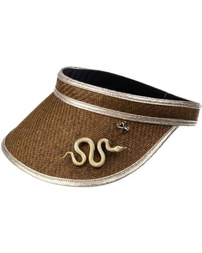 Laines London Straw Woven Visor With Gold Metal Snake Brooch - Brown